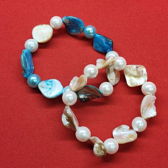 Brown White & Blue Shell Bead Stretch Bracelet Set of 2 - Picture 4 of 11